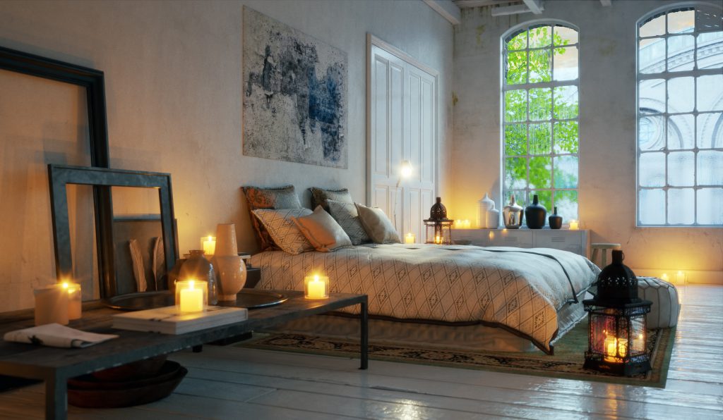 evening bedroom in old loft apartment downtown - Bett in alter Loft Wohnung im Kerzen Licht