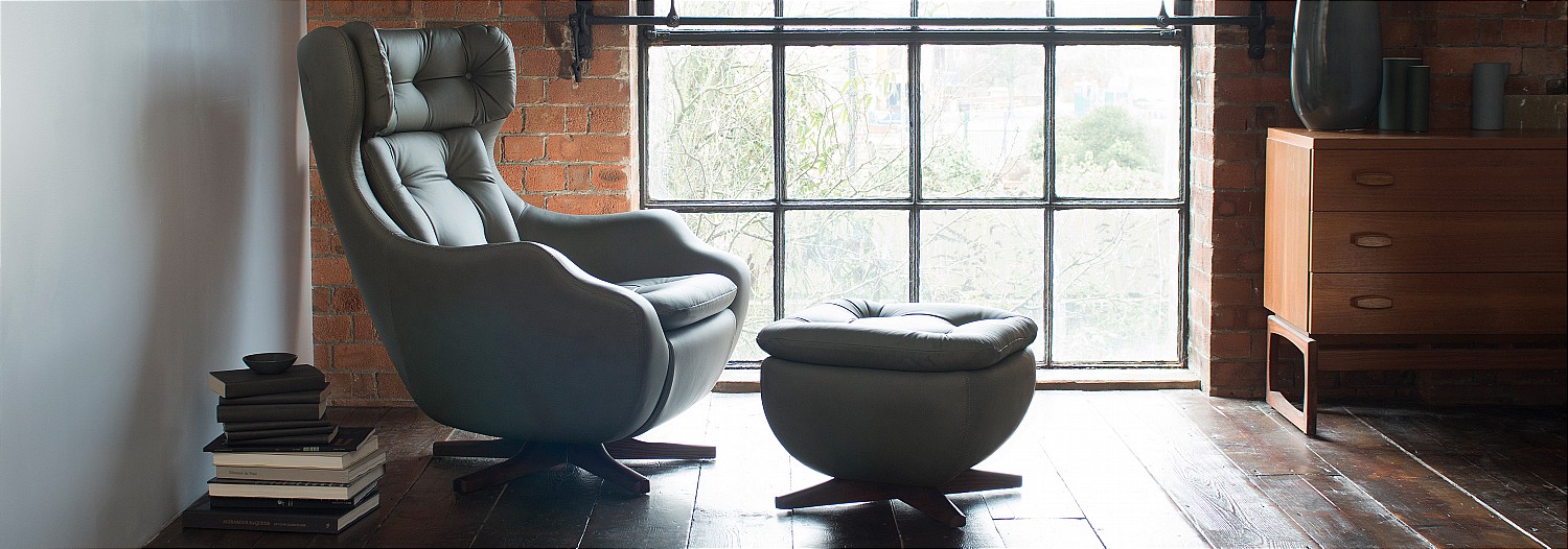 Armchairs And Footstools In Leather And Fabric